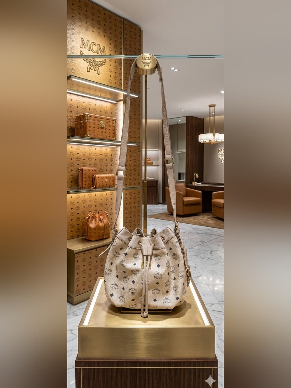 MCM Beige Leather Drawstring Bucket Bag